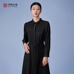 绣娘 丝绸桑蚕丝连衣裙女秋季真丝新款新中式黑色长裙修身明美裙子