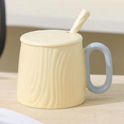 欧因 陶瓷马克杯水杯家用陶瓷杯子带盖子创意情侣咖啡杯伴手礼杯 浅黄（杯+盖+勺） 320ML