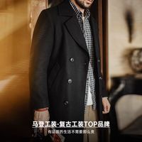 马登 工装老钱风黑色平驳领西装风衣外套双排扣中长款大衣厚款男士秋冬 黑色  M