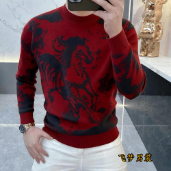 高档圆领红色马年提花针织衫毛衣男士秋冬时尚保暖打底衫男装8871