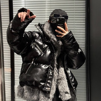 尚锋男装冬季新款高品质假两件翻毛领毛毛拼接亮皮棉服外套