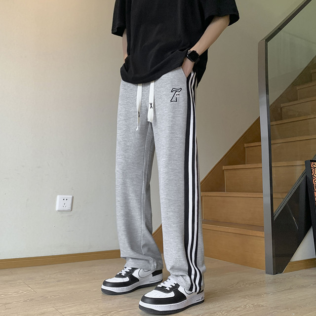 TKZ 薄款加长休闲裤青少年潮流直筒裤高街条纹阔腿裤宽松运动休闲裤男