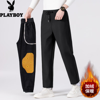 PLAYBOY 男士休闲长裤秋冬季新款运动束脚直筒裤石墨烯保暖裤休闲男款裤子 黑色直筒 加绒 XL