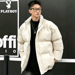 PLAYBOY 短款棉服男冬季棉衣男立领加厚保暖面包服外套百搭棉袄 米白 XL