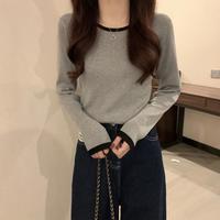北极绒 撞色打底T恤女秋季长袖小众设计感修身圆领薄款内搭打底上衣