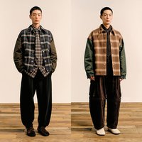 速写 男装秋冬新款休闲棉服夹克格纹拼接撞色复古宽松设计棉衣外套