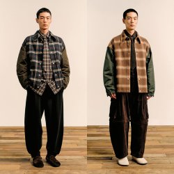 速写 男装秋冬新款休闲棉服夹克格纹拼接撞色复古宽松设计棉衣外套