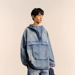 速写 男装春秋新款男士上衣连帽水洗牛仔卫衣做旧工装感上衣复古