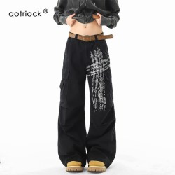 QOTRIOCK 美式街头十字架字母印花工装裤男女秋季痞帅水洗多口袋宽松休闲裤