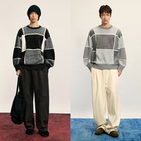 速写 [含绵羊毛]速写男装秋冬季新款毛衫长袖圆领拼接撞色复古街头上衣