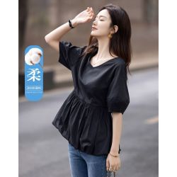 德玛纳 女士法式V领纯棉抽褶泡泡袖衬衫