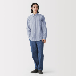無印良品 MUJI AC4AAC6A 水洗牛津纽扣领长袖衬衫 蓝色条纹 M