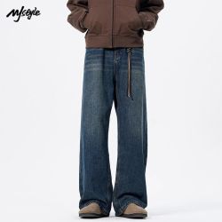 MJ STYLE 复古蓝色牛仔裤男款2025春夏美式高街阔腿拖地长裤潮牌百搭直筒裤