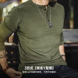 马登 新款上市！美式复古百搭耐磨耐穿亨利领加绒长袖T恤 军绿色 L(多款可选)