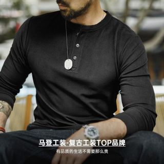 马登 美式复古亨利领加绒长袖T恤 军绿色 L