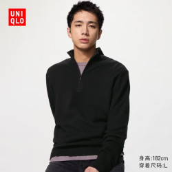 优衣库 羊绒半拉链针织衫/长袖男装毛衣毛衫486077 09 黑色 L