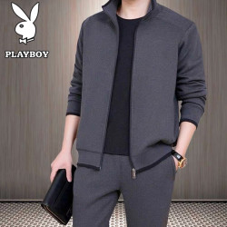 PLAYBOY 套装男士春秋季休闲运动长袖开衫卫衣百搭长裤两件套 深灰 2XL