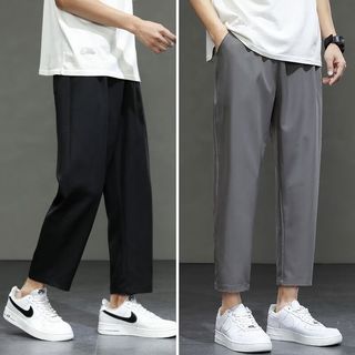 杉努 K21 冰丝宽松直筒 黑色+深灰 M 男士休闲裤 2条装