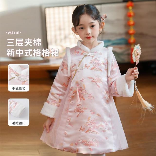 淘气贝贝 新款三层夹棉加绒冬季儿童汉服连衣裙