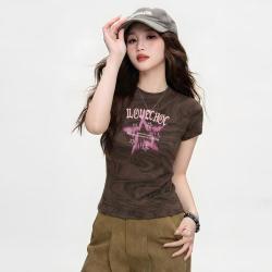 ilovechoc 酷帅星星印花T恤夏季运动辣妹修身圆领短袖上衣