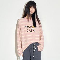 I.T CHOCOOLATE字母刺绣条纹撞色春秋款宽松圆领长袖t恤女