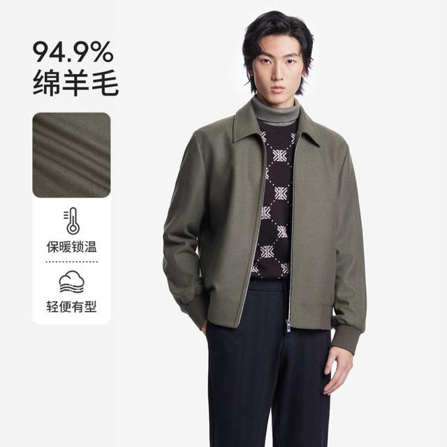 限尺码：劲霸男装 绵羊毛山羊绒混纺微弹翻领夹克
