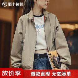 马登 女装 哈灵顿夹克美式立领工装机车外套设计感运动棒球服秋季 卡其色 M