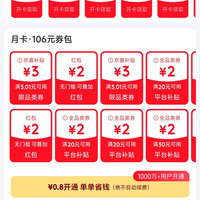 京东 省钱卡 最低0.8元即可开通 享百元超值券包/2元无门槛红包