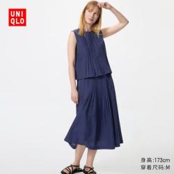 优衣库 棉麻打褶 女士半身裙