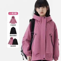 左西 童装女童冲锋外套三合一儿童上衣2026新款秋装女孩秋季户外服 树莓色