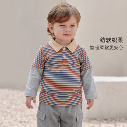 巴厘小猪 男童长袖假两件POLO衫 橙蓝条纹 80cm