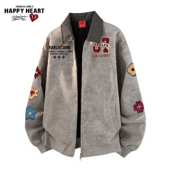 CHARLES JANG'S HAPPY HEART 美式扎染PU皮翻领夹克男女秋季新款潮牌百搭高级感外套