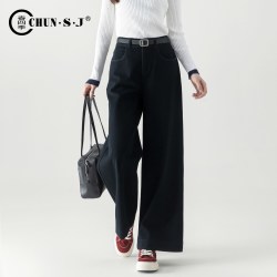 春四季 四面弹牛仔裤显瘦A版阔腿裤女2026新款秋季藏青色裤子宽松直筒裤