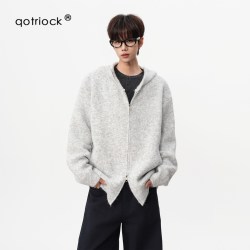 QOTRIOCK 美式潮流连帽针织衫男女秋季双拉链纯色保暖毛衣宽松百搭休闲上衣