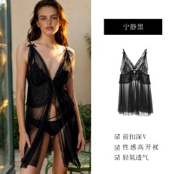 歌瑞尔 细肩带睡衣女性感深V高开衩睡裙轻薄透气网纱蕾丝家居服