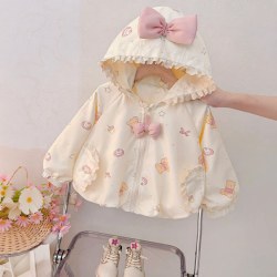 心楠 女童外套秋装蝴蝶结连帽衣服春秋季洋气公主风衣婴儿宝宝可爱上衣 米色蝴蝶结花边外套 90 码