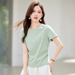 正肩圆领短袖t恤女2026新款夏季爆款修身高级女装绿洋气减龄上衣