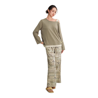 安之伴 100%纯棉斜肩假两件家居服套装 草灰绿 M