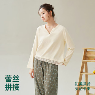 安之伴 雪花棉碎花蕾丝 贝壳黄 L 睡衣家居服套装