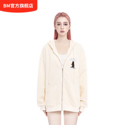 BLACK MARKET SKATEBOARD BM小熊卫衣女2026新款爆款春秋季美式复古连帽bm外套oversize卫衣 米白 均码