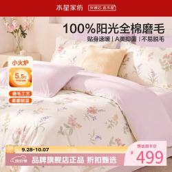 水星家纺 A类抑菌全棉磨毛四件套纯棉秋冬保暖床单枕套被罩套件 繁花·花映熙磨毛四件套1.2米床