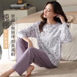 秋鹿 秋季小熊印花女睡衣套装柔软舒适可外穿家居服女