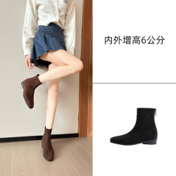 （内增高6cm）方头韩版复古短靴女气质绒面短筒瘦瘦靴后拉链马丁靴