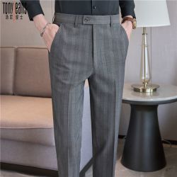 Tony Jeans 汤尼俊士春秋新款男士商务休闲格子西装裤韩版弹力修身小脚西裤男