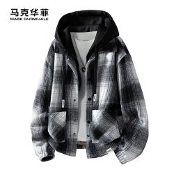 马克华菲 秋冬新款加绒夹克休闲简约格子外套保暖连帽加厚夹克外套