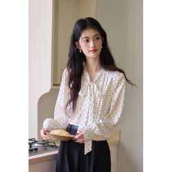 弥古 洋气法式波点衬衫女款高级感蝴蝶结缎面衬衣遮阳罩衫通勤长袖上衣