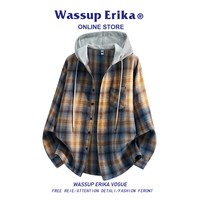 WASSUP ERIKA美式复古风潮流格纹连帽衬衫男士2026秋季新款宽松百搭假两件外套 灰蓝 M 90-120斤可穿