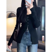韩版设计感开叉方领黑色长袖T恤女网红洋气显瘦气质百搭时尚上衣
