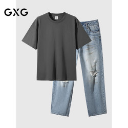 GXG 男装 25年夏季新品背后印花宽松短袖T破洞阔腿牛仔裤通勤套装 单上装深灰色