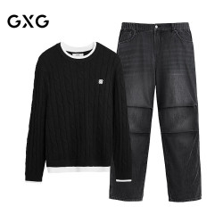 GXG 男装 26年秋季假两件圆领绞花休闲毛衣阔腿伞兵牛仔裤通勤套装 单上装黑色